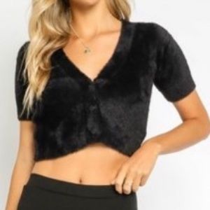 V Neck Cropped Mini Cardigan Sweater Top Black